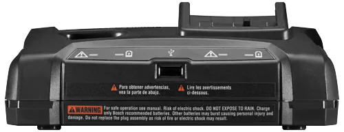 Bosch charger, with warning texts in English, Spanish, and French.  USB port visible.