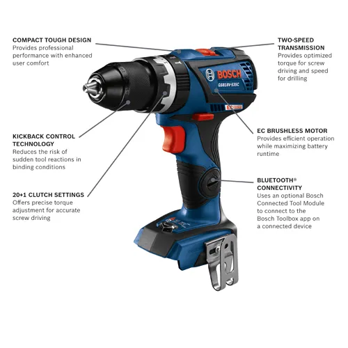 Bosch GSB18V-535C drill with COMPACT TOUGH DESIGN, KICKBACK CONTROL TECHNOLOGY, 20+1 CLUTCH SETTINGS, TWO-SPEED TRANSMISSION, EC BRUSHLESS MOTOR, and BLUETOOTH® CONNECTIVITY.