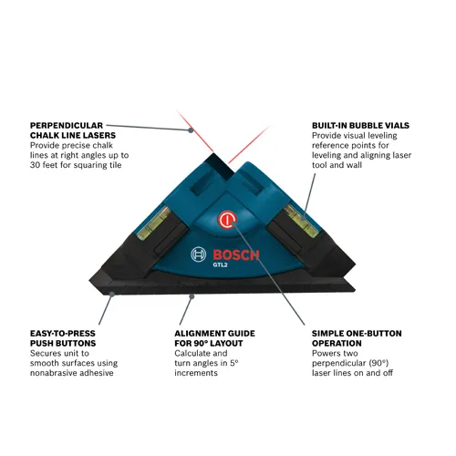 Bosch GTL2 Perpendicular Chalk Line Laser with Built-in Bubble Vials and Easy-to-Press Push Buttons.