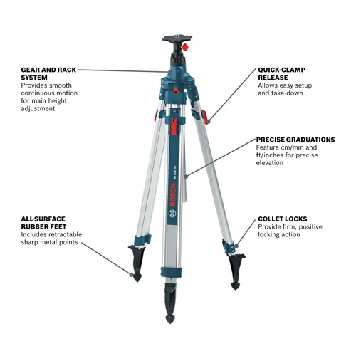 Bosch BT300 HD tripod with features: Gear and Rack System, Quick-Clamp Release, Precise Graduations, All-Surface Rubber Feet, Collet Locks.