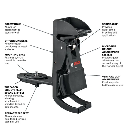 Bosch BM3 with screw hole, strong magnets, mounting base with 1/4"-20 thread, threaded mounts (1/4"-20 and 5/8"-11), retractable feet, spring clip, microfine height-adjustment system, and vertical clip adjustment.