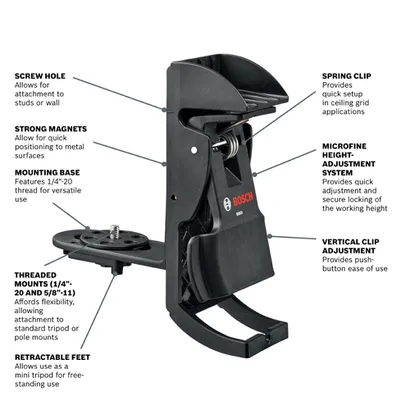 Bosch BM3 with screw hole, strong magnets, mounting base with 1/4"-20 thread, threaded mounts (1/4"-20 and 5/8"-11), retractable feet, spring clip, microfine height-adjustment system, and vertical clip adjustment.