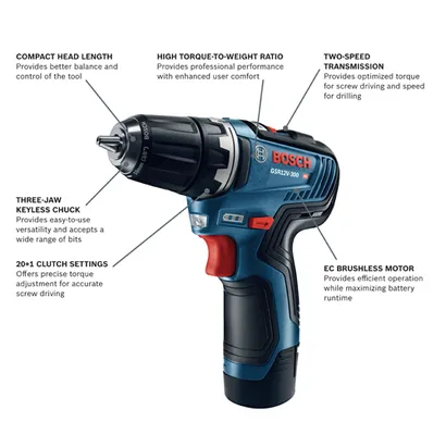 Bosch GSR12V-300 HD drill, features include: Compact Head Length, High Torque-to-Weight Ratio, Three-Jaw Keyless Chuck, 20+1 Clutch Settings, Two-Speed Transmission, and EC Brushless Motor.