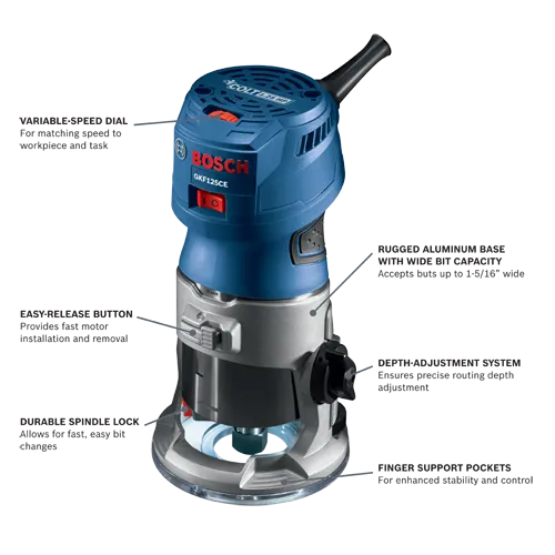 Bosch GKF125CE Colt 1.25 HP router with variable-speed dial, easy-release button, depth-adjustment system, durable spindle lock, finger support pockets, and rugged aluminum base with wide bit capacity; accepts buts up to 1-5/16" wide.