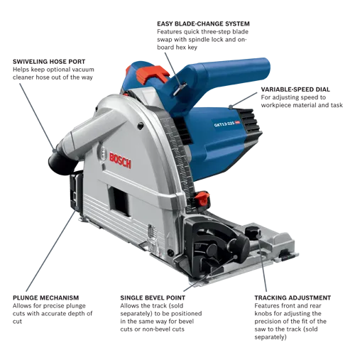 Bosch GKT13-225 HD saw with swiveling hose port, easy blade-change system, variable-speed dial, plunge mechanism, single bevel point and tracking adjustment.