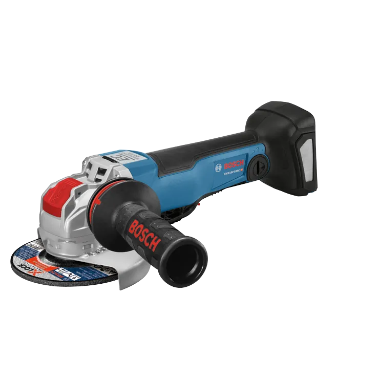 Bosch GWX18V-50PC HD angle grinder, with Bosch text on the handle, and a circular saw blade.