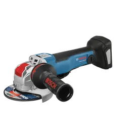 Bosch GWX18V-50PC HD angle grinder, with Bosch text on the handle, and a circular saw blade.
