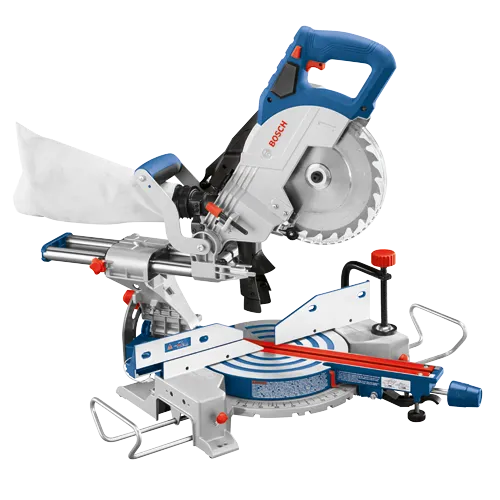 Bosch miter saw with blade guard, dust bag, and adjustable features.