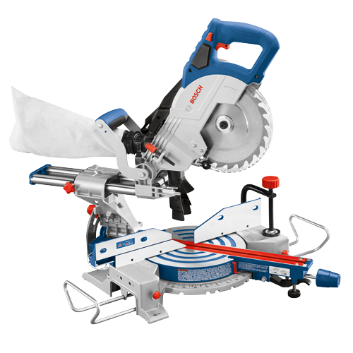 Bosch miter saw with blade guard, dust bag, and adjustable features.
