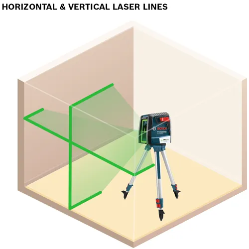 HORIZONTAL & VERTICAL LASER LINES. Bosch laser level Professional GCL 2-50 CG, projecting horizontal and vertical green laser lines.