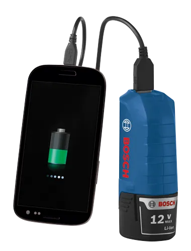 Bosch 12V Max Li-Ion portable charger charging a smartphone.