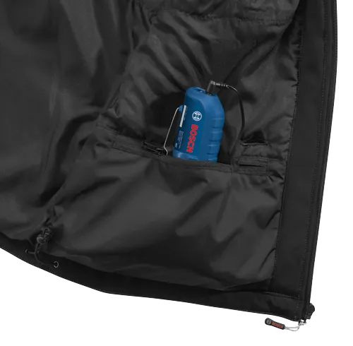 Blue and black Bosch battery in an inner pocket of a black jacket. The battery is labeled with "10.8V/12V MAX" and "BOSCH".