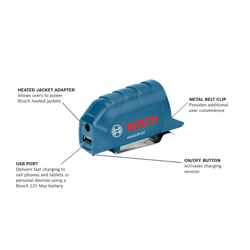 Bosch GAA12V-21 Heated Jacket Adapter with USB port, on/off button and Metal belt clip.