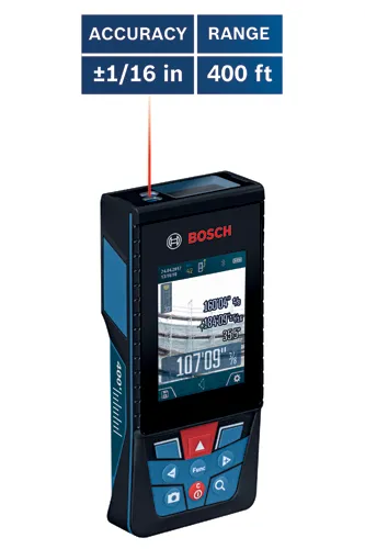 Bosch laser rangefinder with ±1/16 in accuracy, 400 ft range, with date 24.04.2017, time 13:16:10, and visible measurements.
