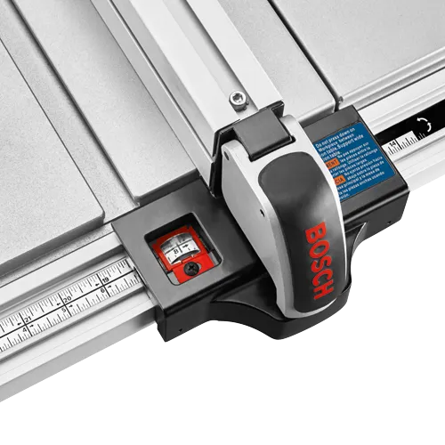 Bosch saw table, with "Do not press down on workpiece between ion table. Support wide ion table." text, and a measurement scale.