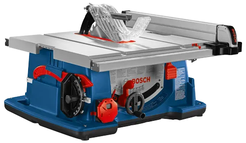 Bosch table saw with visible text, "BOSCH" and degree markers.