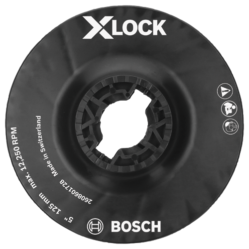 X-LOCK disc, max. 12,250 RPM, 5" 125 mm, 2608601728, Made in Switzerland, and the Bosch logo.