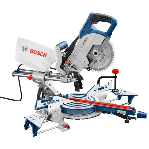 Bosch miter saw with dust bag and 8 1/2" blade, visible text "BOSCH" and "RPM MAX".