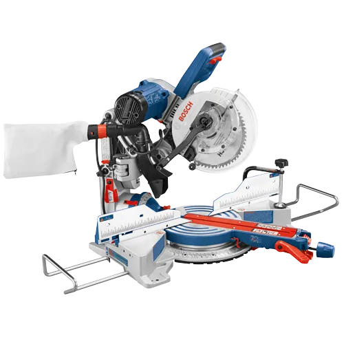 Bosch miter saw with BOSCH text, a white bag, a red lever, and an integrated measuring system.