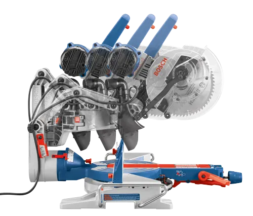 Bosch miter saw with blade, "BOSCH" visible.
