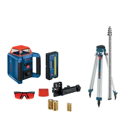Bosch laser level, line level, tripod, and measuring rod, along with accessories including safety glasses and batteries. Visible text includes "BOSCH", "GP ALKALINE", and measurements on the rod.