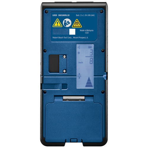 LR20 3601K69L10, Batt. 2 x 1.5V LR6 (AA) label with warning symbols, Made in Malaysia, inch display reads 3 8.