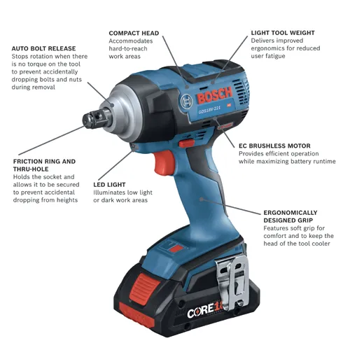 Bosch GDS18V-221 impact wrench with features: Auto Bolt Release, Compact Head, Light Tool Weight, Friction Ring and Thru-Hole, LED Light, Ergonomically Designed Grip, and EC Brushless Motor.