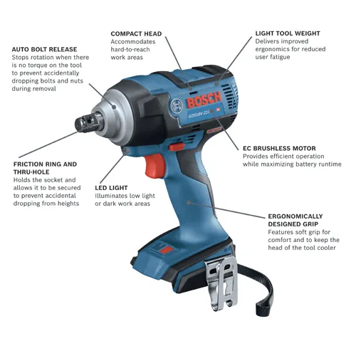 Bosch GDS18V-221 impact wrench with Auto Bolt Release, Compact Head, Light Tool Weight, Friction Ring and Thru-Hole, LED Light, EC Brushless Motor, and Ergonomically Designed Grip.