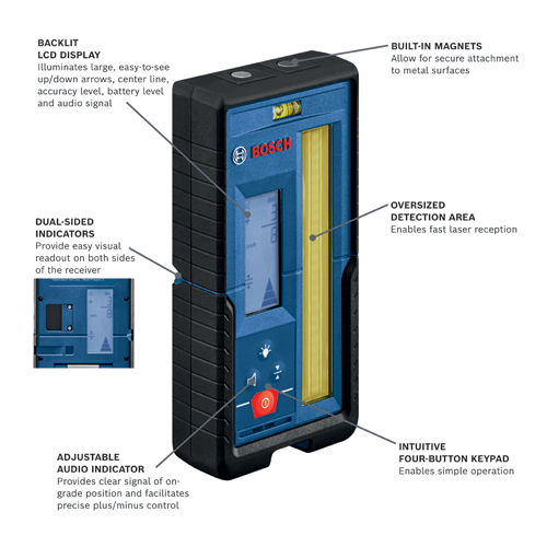 Bosch leveler with BACKLIT LCD DISPLAY, BUILT-IN MAGNETS, DUAL-SIDED INDICATORS, OVERSIZED DETECTION AREA, ADJUSTABLE AUDIO INDICATOR, and INTUITIVE FOUR-BUTTON KEYPAD.