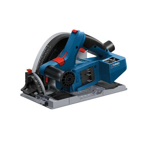 Bosch BITURBO BRUSHLESS circular saw, with red and black accents, and a digital display.