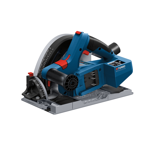 Bosch BITURBO BRUSHLESS circular saw, with red and black accents, and a digital display.
