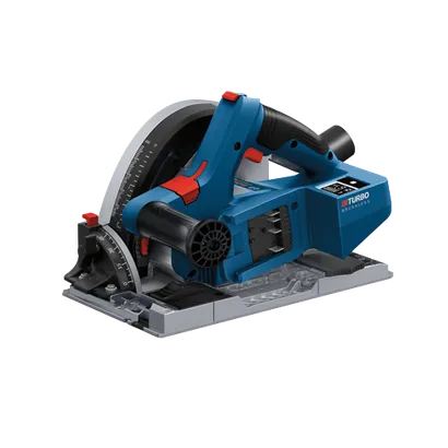 Bosch BITURBO BRUSHLESS circular saw, with red and black accents, and a digital display.
