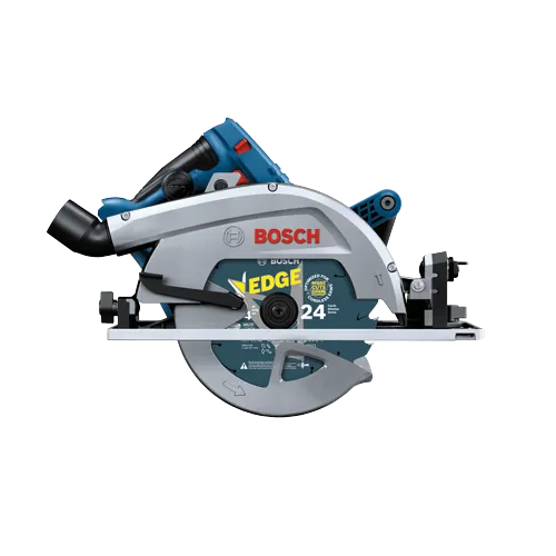 Bosch circular saw with "EDGE" blade, "OPTIMIZED FOR MORE CUTS", and "24" teeth.