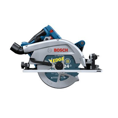 Bosch circular saw with "EDGE" blade, "OPTIMIZED FOR MORE CUTS", and "24" teeth.