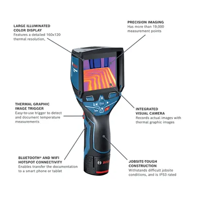 Bosch thermal imager with LARGE ILLUMINATED COLOR DISPLAY featuring 160x120 thermal resolution, PRECISION IMAGING with more than 19,000 measurement points, THERMAL GRAPHIC IMAGE TRIGGER, INTEGRATED VISUAL CAMERA, BLUETOOTH® AND WIFI HOTSPOT CONNECTIVITY, and JOBSITE-TOUGH CONSTRUCTION, IP53 rated.