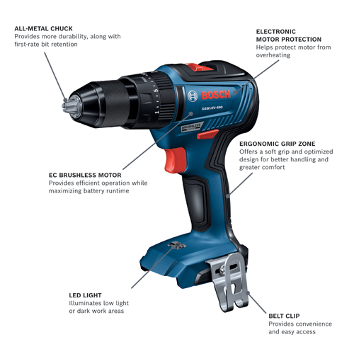 Bosch GSB18V-490 cordless drill with all-metal chuck, electronic motor protection, EC brushless motor, LED light, ergonomic grip zone, and belt clip.