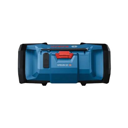 BOSCH GPB18V-2C HD, blue and black portable radio with AUX IN, USB charging, and DC IN 18V.