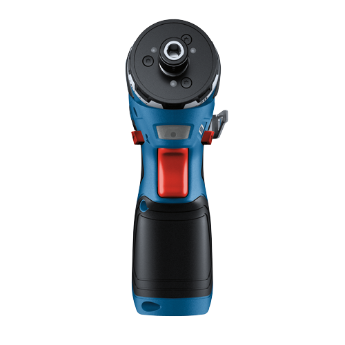 Blue and black power drill with a red trigger.