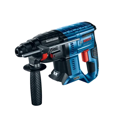 Bosch GBH18V-21 Boschhammer blue and black rotary hammer with a red handle.
