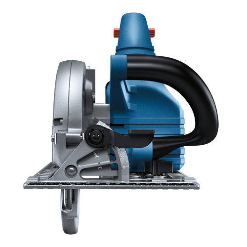 Bosch circular saw, with a black handle and a blue body, featuring a blade.