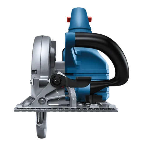 Bosch circular saw, with a black handle and a blue body, featuring a blade.