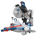 Bosch miter saw with "BITURBO BRUSHLESS", "BOSCH" visible. Includes bevel selector, measuring guides, and blade guard.