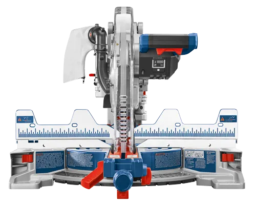 Bosch miter saw with BITURBO and battery indicator, with blue and red details, and safety instructions.
