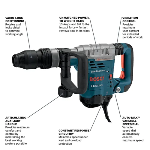 Bosch 11321EVS Boschhammer, with VARIO-LOCK POSITIONING, UNMATCHED POWER TO WEIGHT RATIO 13 Amps and 9.6 ft.-lbs, and AUTO-MAX VARIABLE SPEED DIAL.