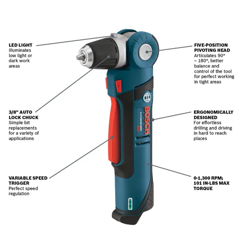 Bosch lithium-ion drill with LED light, 3/8" auto lock chuck, variable speed trigger, five-position pivoting head, and 0-1,300 RPM; 101 IN-LBS MAX torque.
