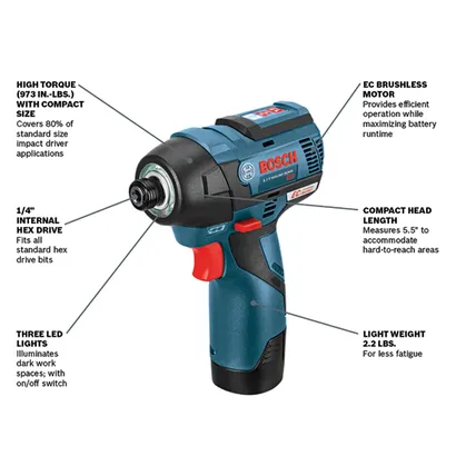 Bosch Lithium-Ion impact driver with high torque (973 in.-lbs.), compact size, 1/4" internal hex drive, EC brushless motor, compact head length (5.5"), three LED lights, and light weight 2.2 lbs.