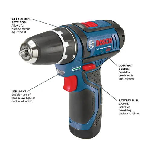 Bosch Lithium-Ion drill with 20 + 1 clutch settings, LED light, compact design, and battery fuel gauge.