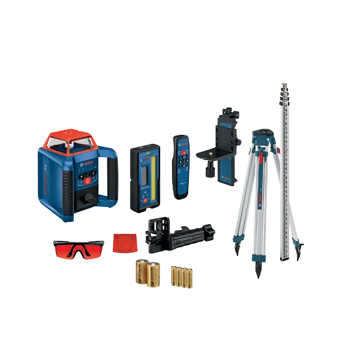 Bosch laser level and accessories with accuracy ±1/16 in, range 2000 ft, and IP56.