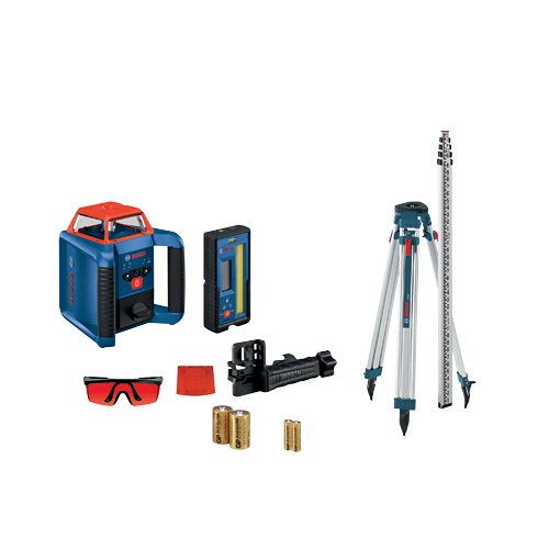Bosch level kit including laser level, receiver, tripod, and other accessories with accuracy up to ±1/16 in, range 2000 ft, IP56.
