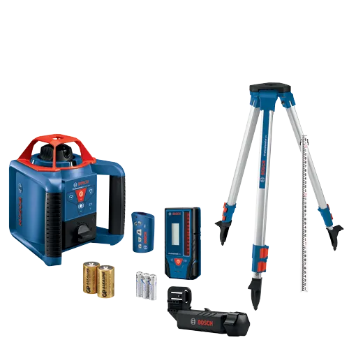 Bosch Professional GRL 1000-20HV laser level with ±1/8 in accuracy, 1000 ft range, and IP54 rating; includes remote control, LR10 receiver, BT 152 tripod, and batteries.